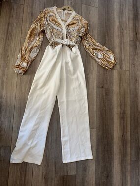 Sequin Gold & White Wide-Leg Jumpsuit
